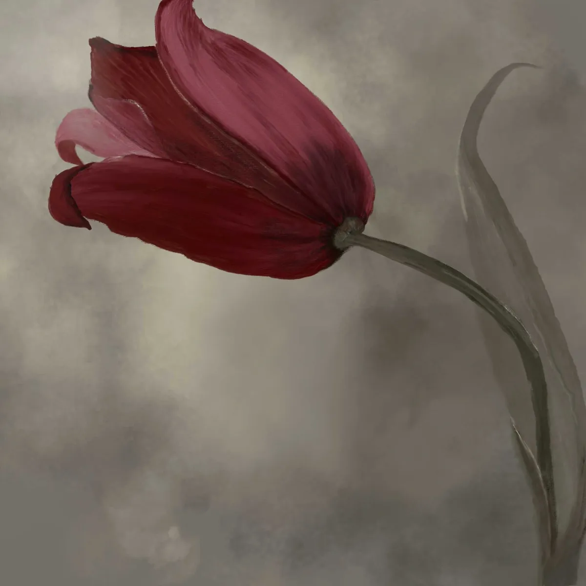 Original painting, Moody landscape tulip painting with red flower under a dramatic sky.