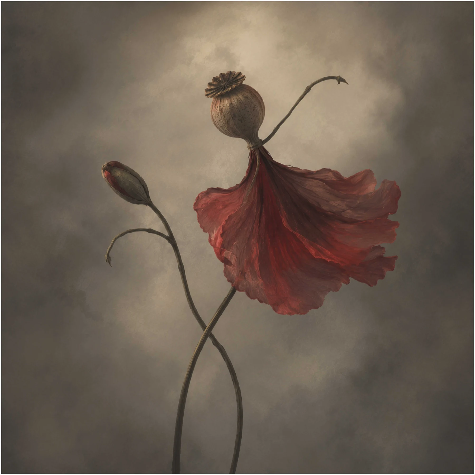 Ballerina by Dizzywalker, a red poppy form resembling a dancer against a muted atmospheric background.